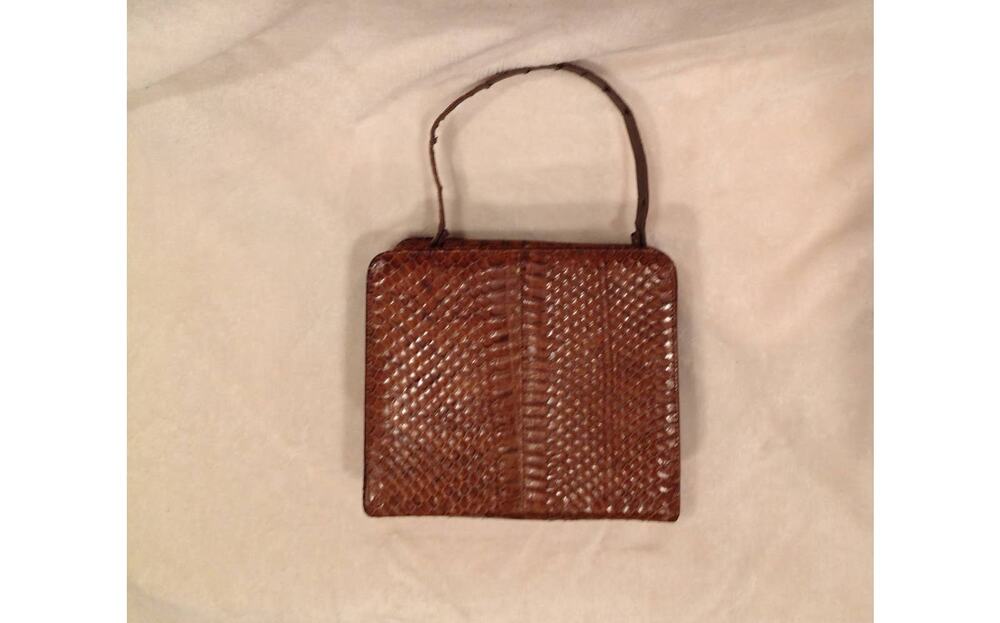 Vintage Brown Snake Print Handbag with Gold Accents Square Top Handle Purse